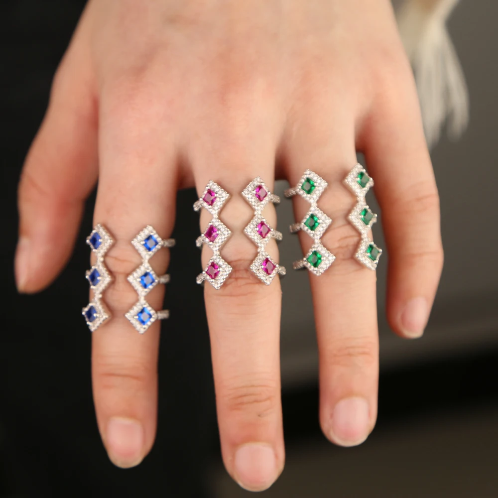 square geometric  shape green red blue cubic zirconia silver color wedding engagement ring for women