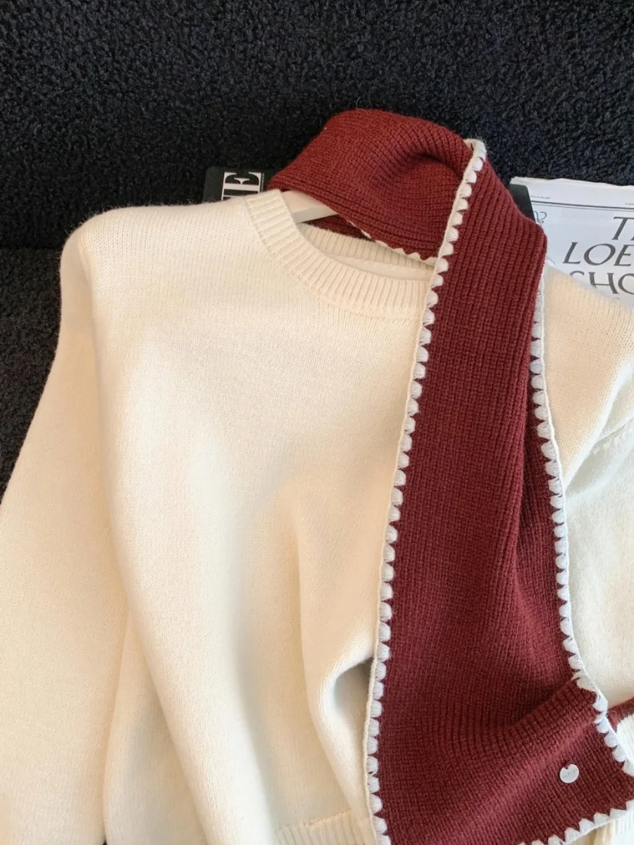 ชุดเสื้อถักไหมพรมทรงหลวมพร้อมผ้าพันคอสำหรับผู้หญิง สไตล์เกาหลี รุ่นใหม่ล่าสุดสำหรับฤดูหนาว แขนยาว