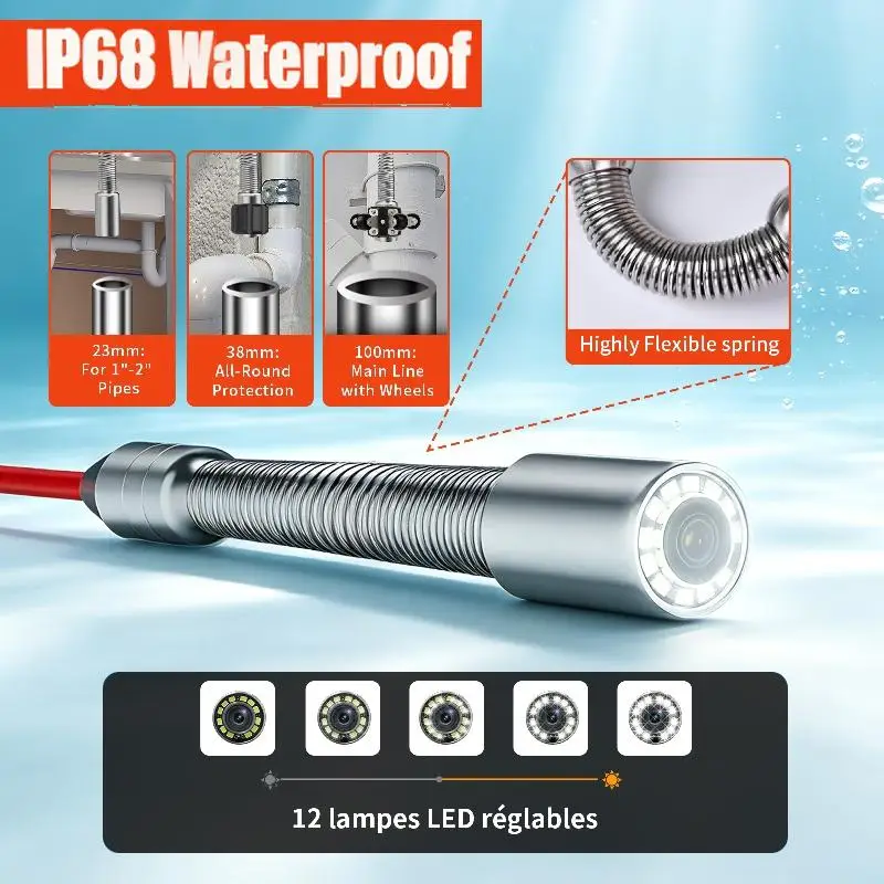 7″ Sewer Endoscope Camera with DVR 32GB, 23mm Drain Pipe Inspection Camera Waterproof 4500mAh Battery Meter Counter 20X Zoom