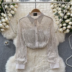 Women Chic Sequin Tassels Sheer Mesh Long Sleeve Lapel Crop Top Slim Sexy Korean T-shirt Fashion Autumn Women Shirt