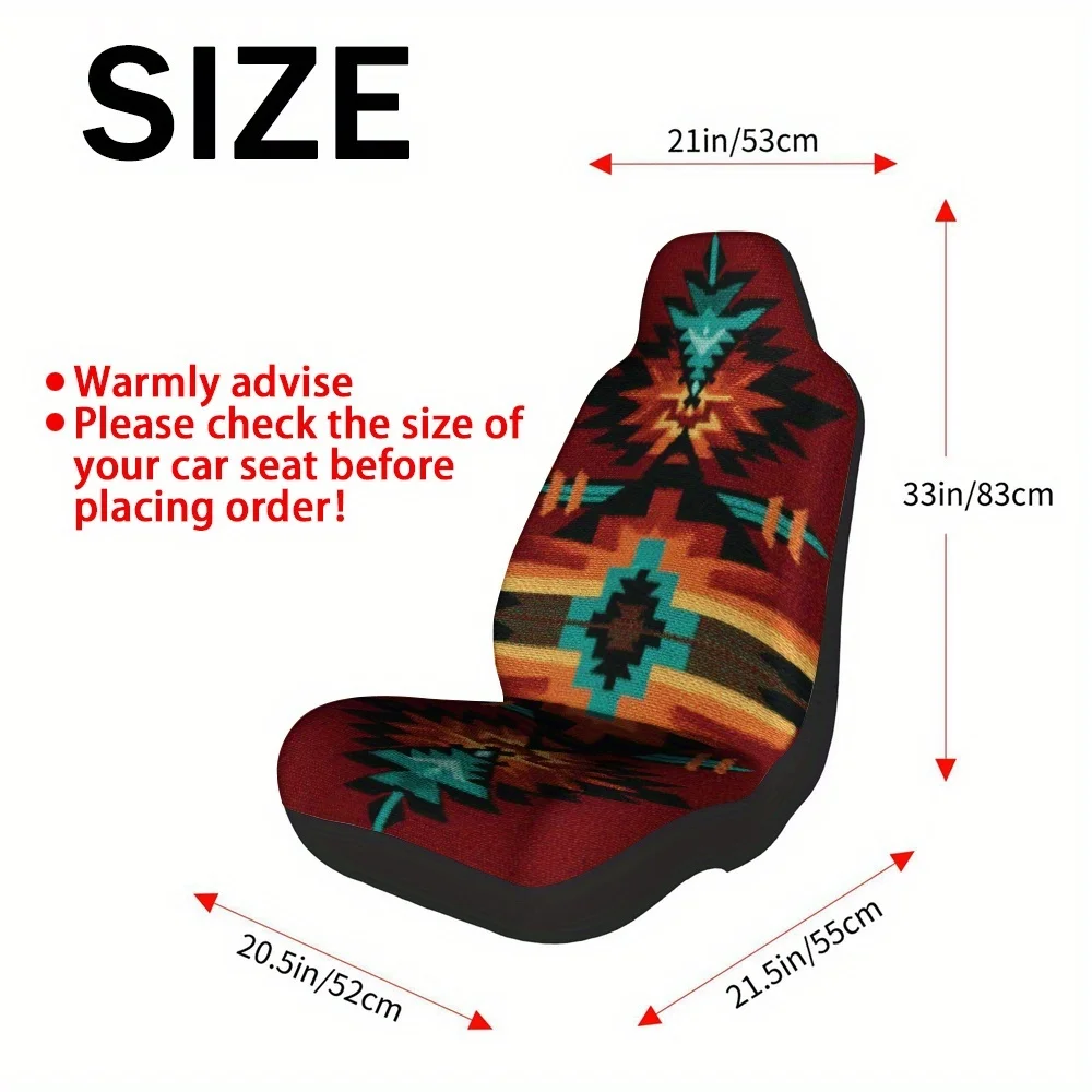 2pcs Modern Geometric Aztec Motif Front Seat Covers - Vibrant Red, Orange, Brown, Green, Yellow, Pink, Purple, Teal, Turquoise,