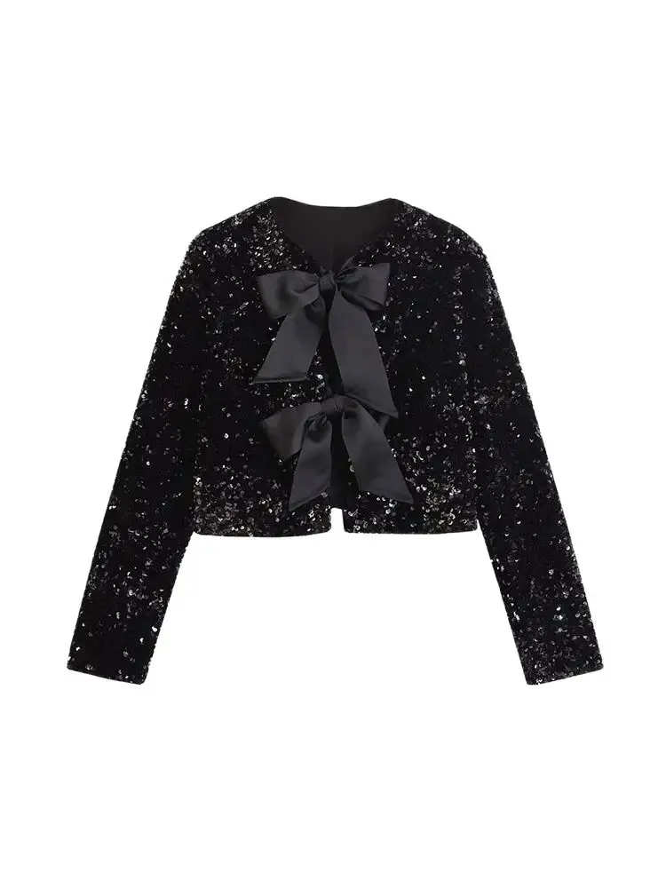 TRZA-veste courte à paillettes à manches longues pour femmes, manteau à col rond, vêtements d'extérieur pour femmes, hauts chics, nœud noué