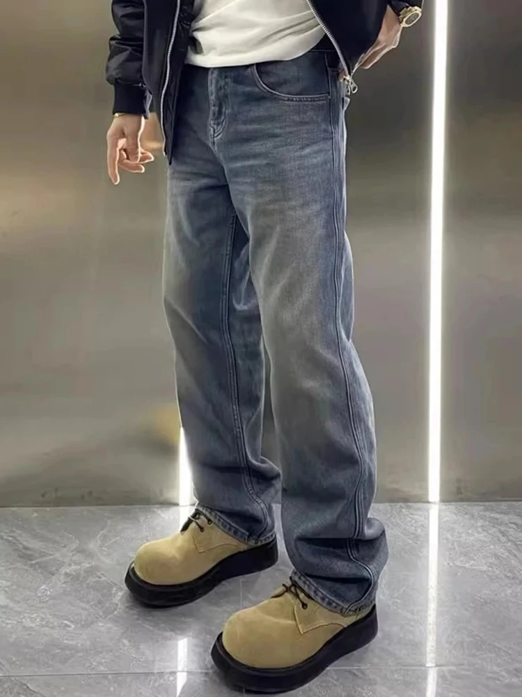 

Мужские джинсы в американском ретро-стиле, синие, с эффектом потертости, осенне-зимние, свободные, широкие, прямые, расклешенные, молодежные, трендовые, износостойкие