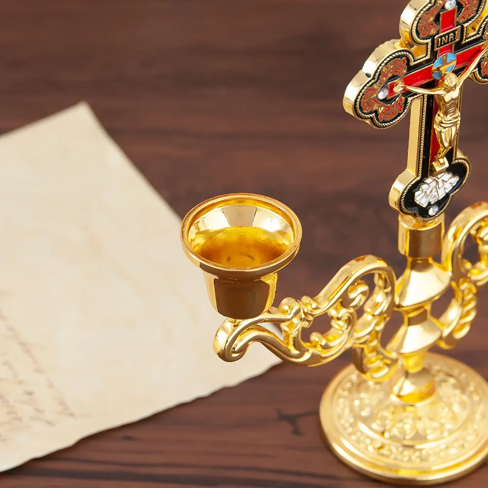 HTISOK Orthodoxer Kreuz-Kerzenhalter, Jesus-Kerzenhalter, vergoldeter Kerzenhalter aus Zinklegierung, Kirchenbedarf, religiöses Geschenk – Detail 6