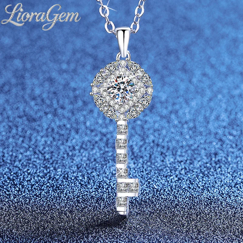 LioraGem Women's Love Key Pendant Necklace, 50-Point Moissanite Key Necklace Platinum PT950 Stamp Valentines Gift