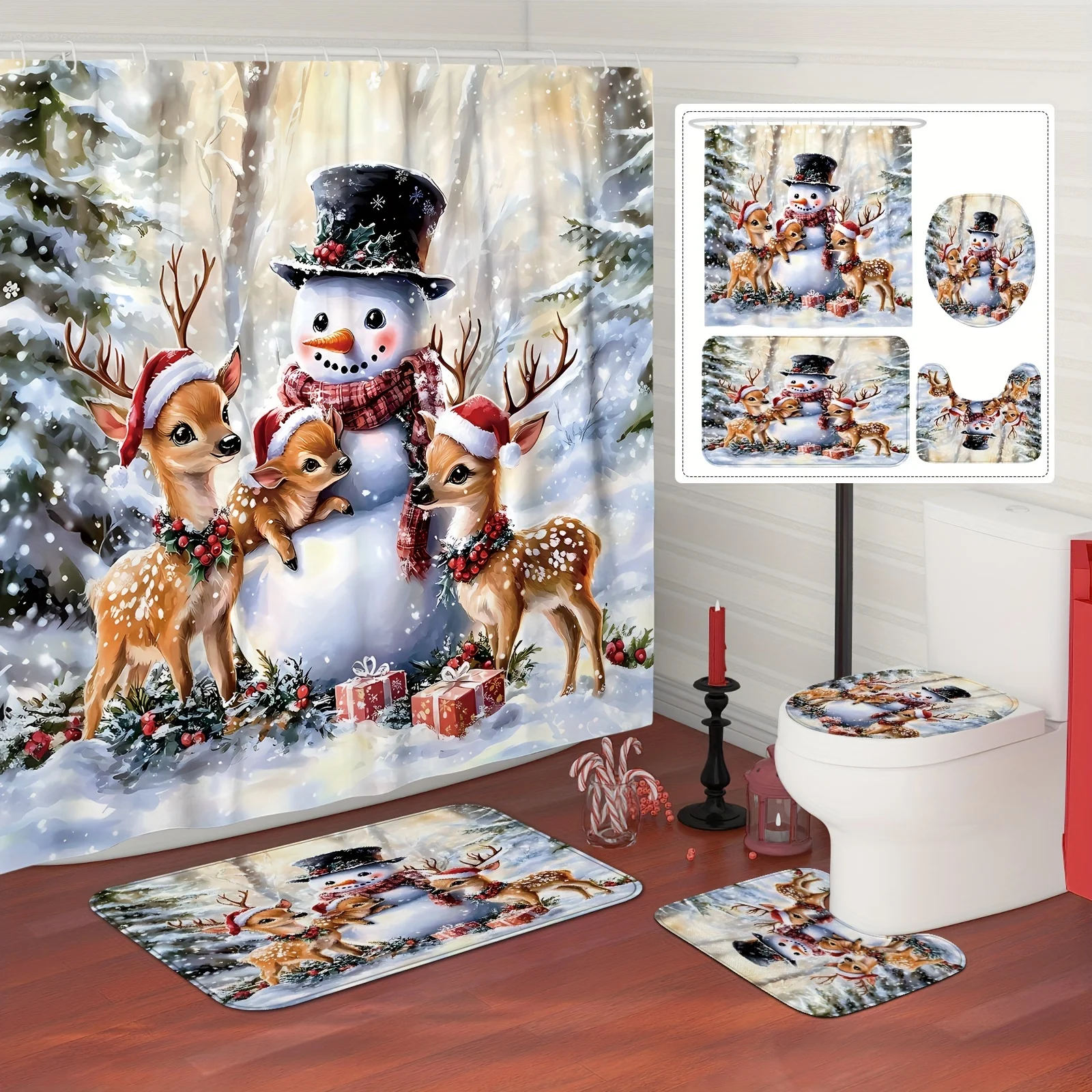 4Pcs Xmas Winter Bath Set,Snowman Deer Pine Tree & Holly, Non-Slip Mat, U-Shaped Toilet Cover, 12 Hooks, Winter Wonderland Theme