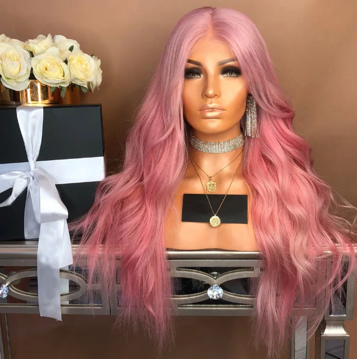 Mid cut  pink long hair large waves women's synthetic headband wig