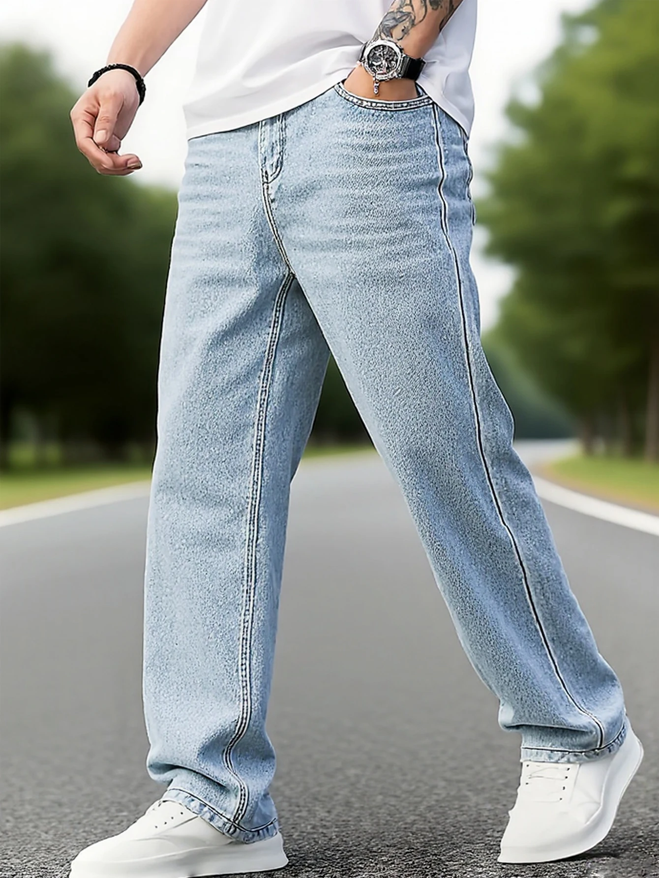 

Men's light blue straight-leg jeans, simple and versatile, loose and comfortable, easily creating a casual and trendy daily styl