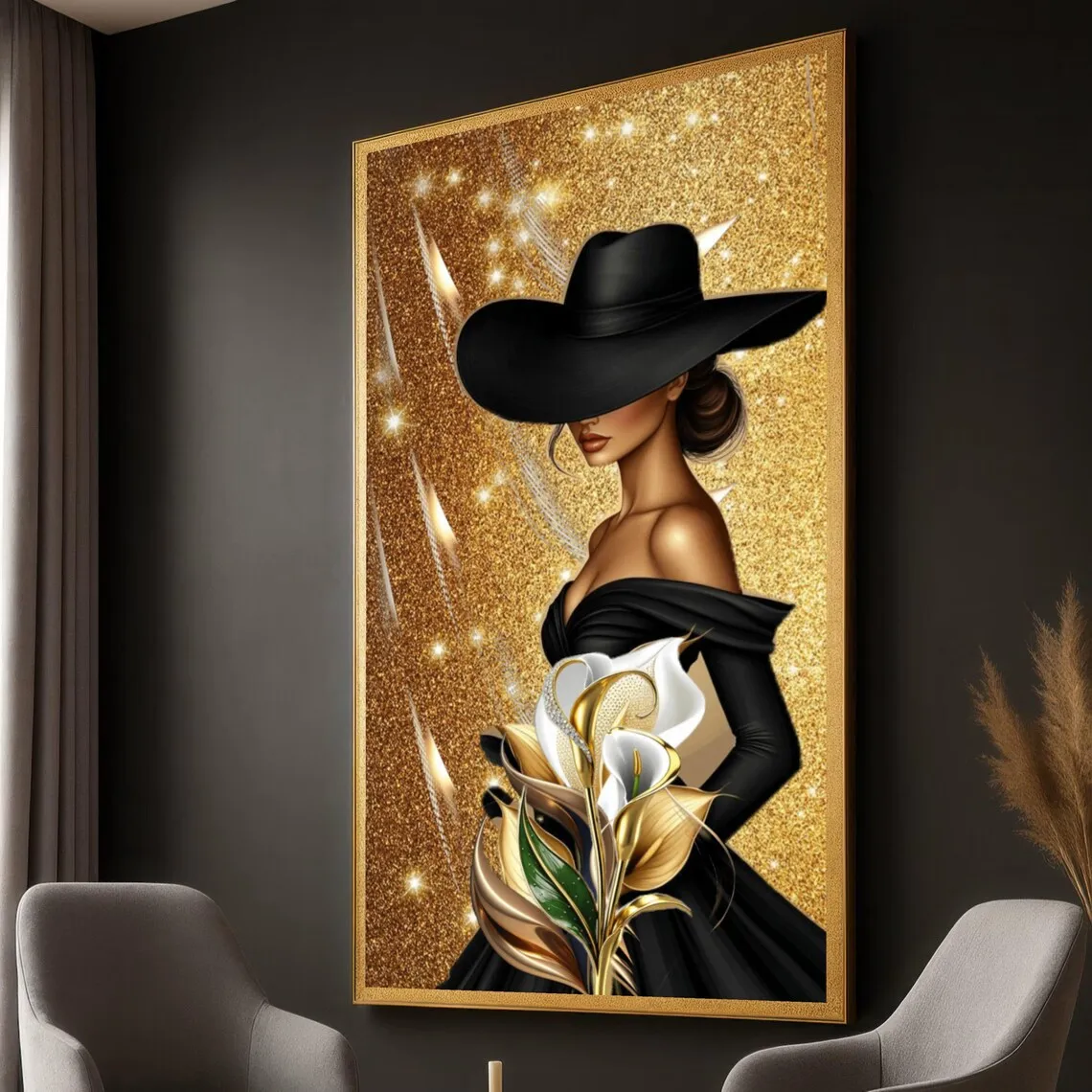 Glamorous Woman,Black Hat, Gold Glitter, Calla Lily,DIY 5D Diamond Painting New 2026 Full Drill Mosaic Diamond Art Embroidery