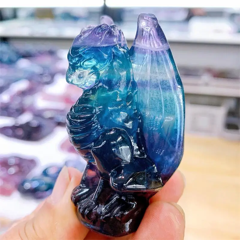 

7CM Natural Fluorite Cartoon Dragon Carving Fashion Home Decoration Healing Crystal Powerful Energy Wicca Decor Gift 1PCS