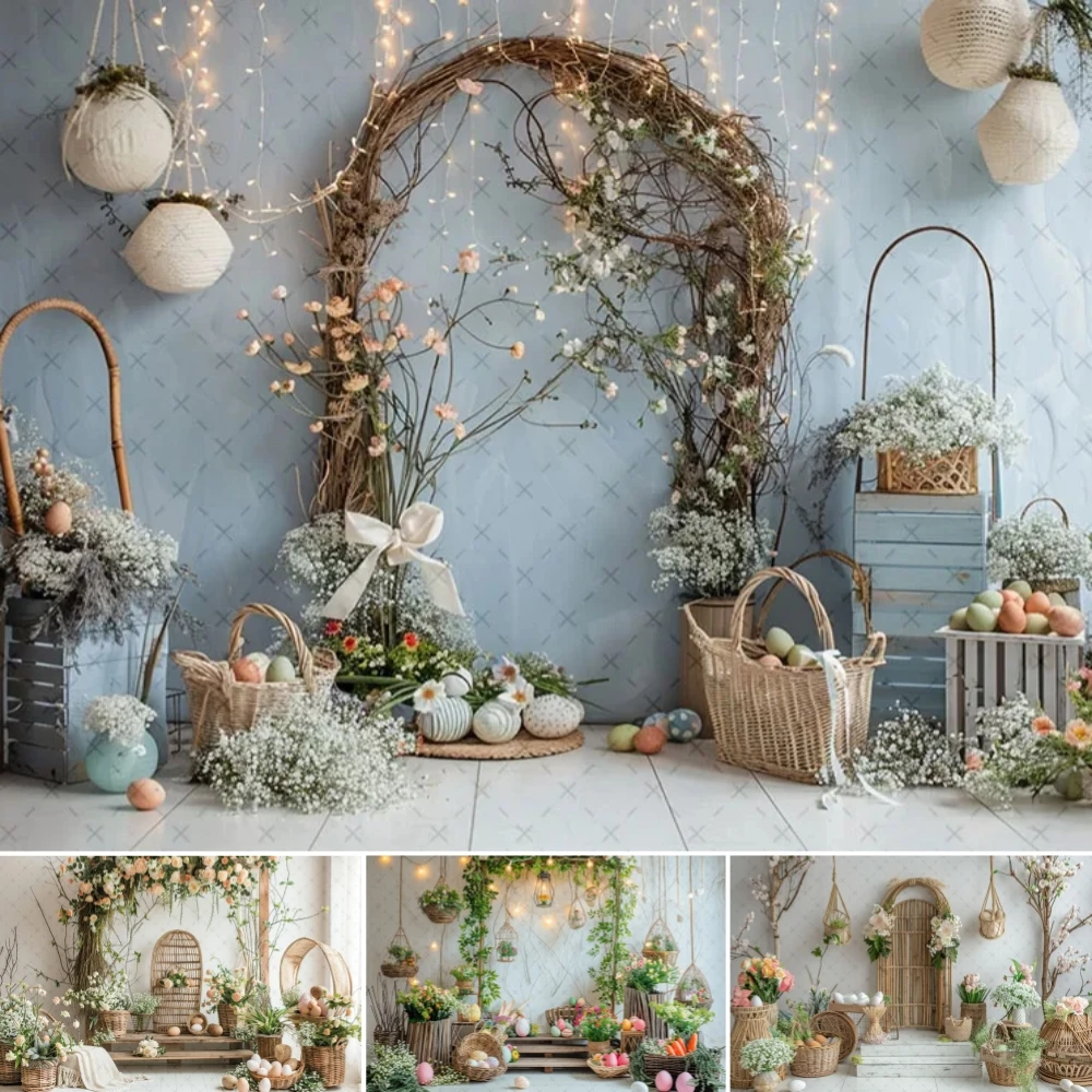 

Spring Easter Photography Background Green Plant Flowers Boho Arch Eggs Kids Cake Smash Portrait Decor Backdrop Studi