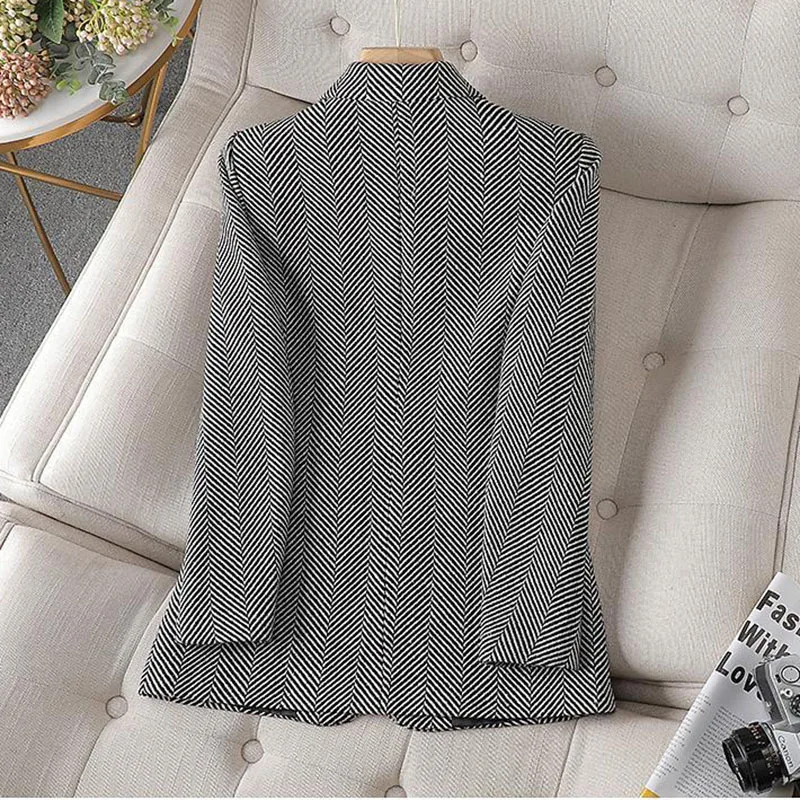 Women Coffee Gray Stripe Formal Blazer New Long Sleeve Single Breasted Business Jacket Coat Ladies Office Blazers Outerwear 4XL