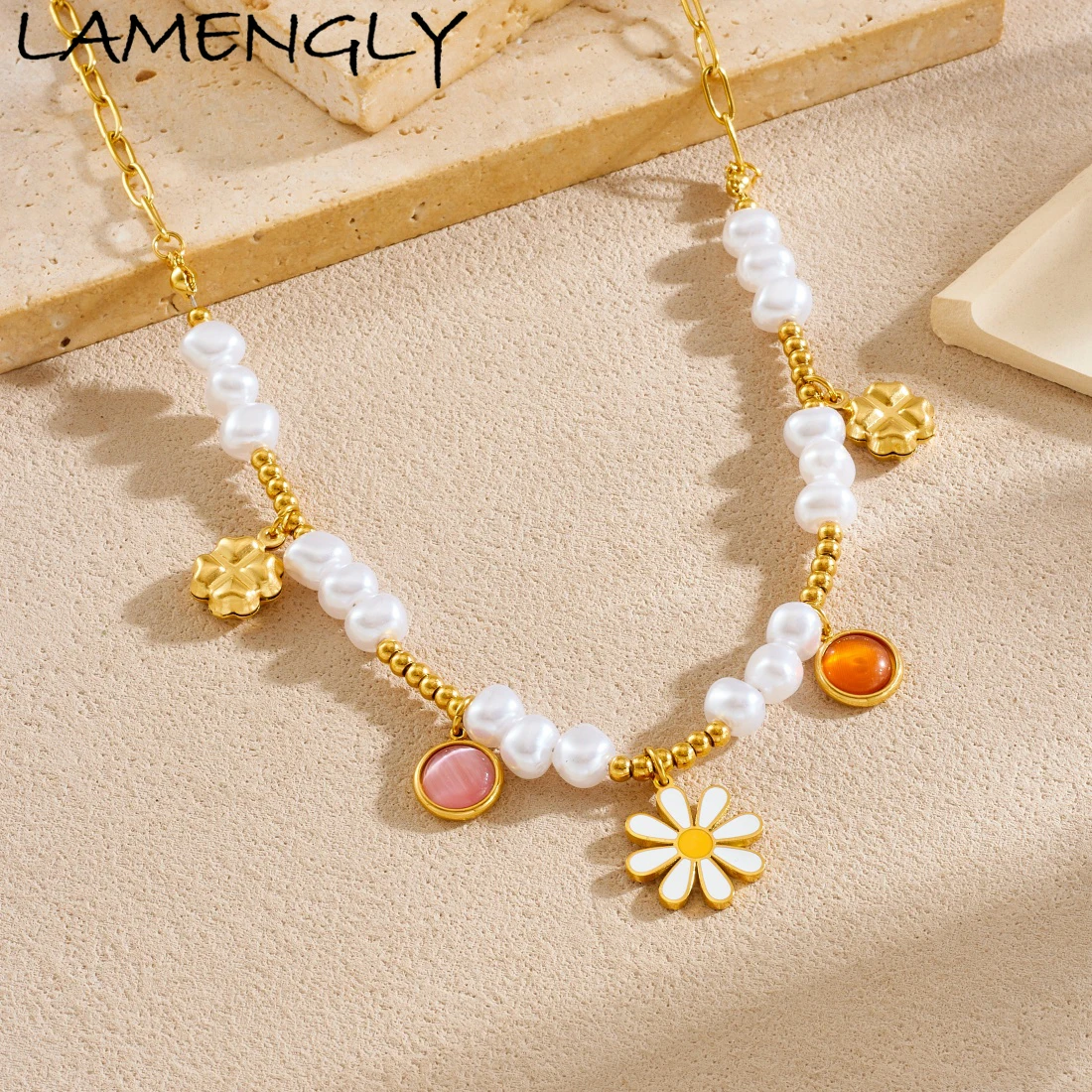 

LAMENGLY 316L Stainless Steel Pearl Series Opal Inlay Flower Charm Necklace Women Elegant Temperament Neck Chain Party Gifts