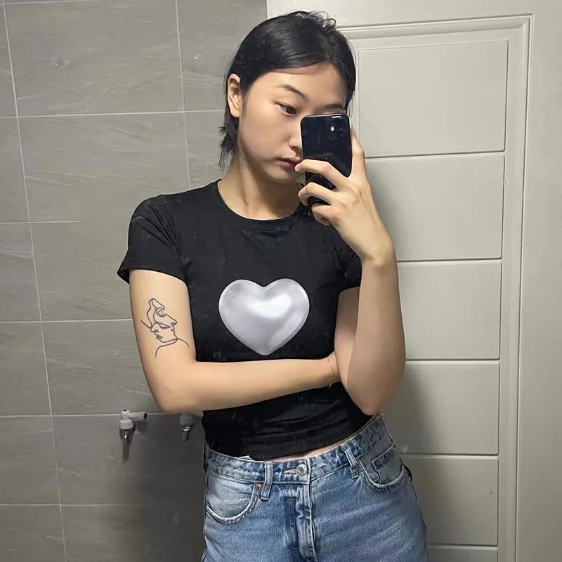 Karrram Korean Fashion Heart Print T-shirts Fairy Grunge Y2k Aesthetics Short Sleeve Tee Shirts Kpop Kawaii Streetwear Summer