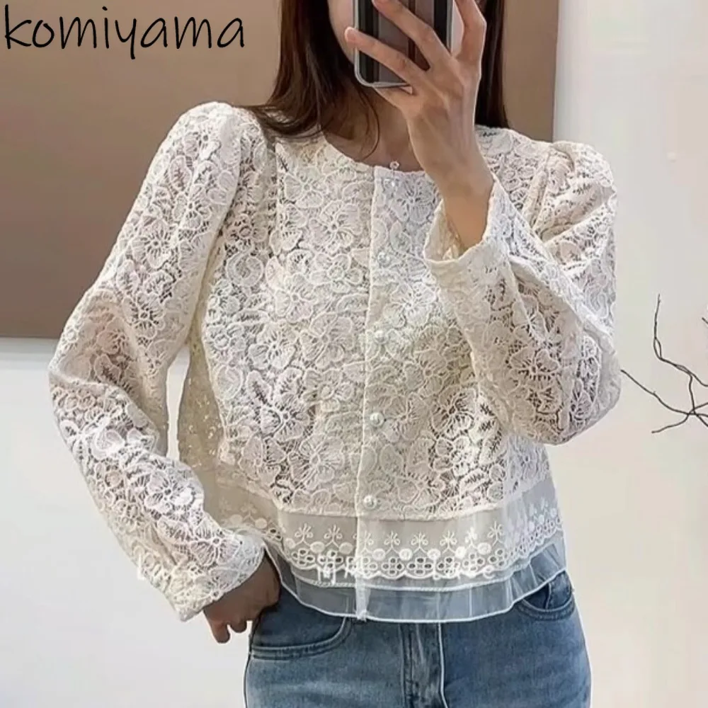 

2025 Lace Embroidery Floral Woman Shirts & Blouses O-Neck Blusas Exqusite Button Ropa De Mujer Autumn Sweet Camisas Clothing