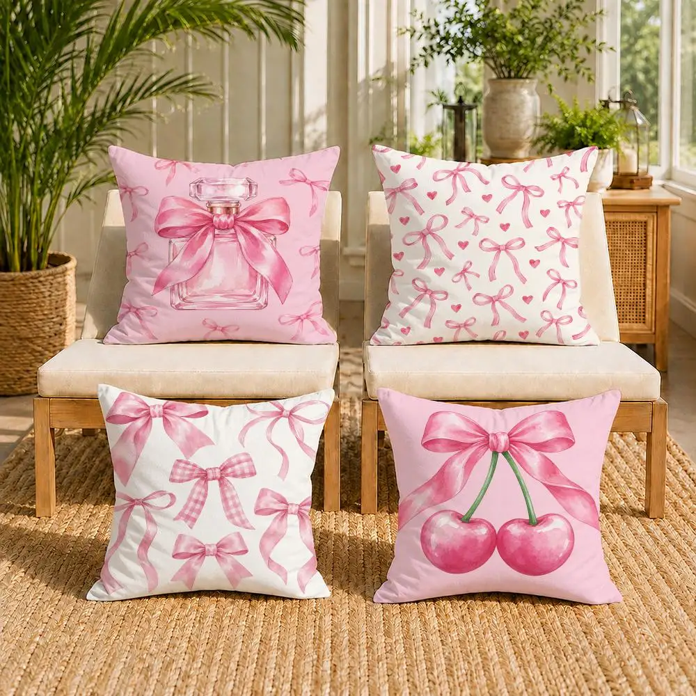 Pink Bow Cherry Pattern Cushion Cover Double-Sided Plush Sofa Pillow Cover Organic Breathable Invisible Zipper