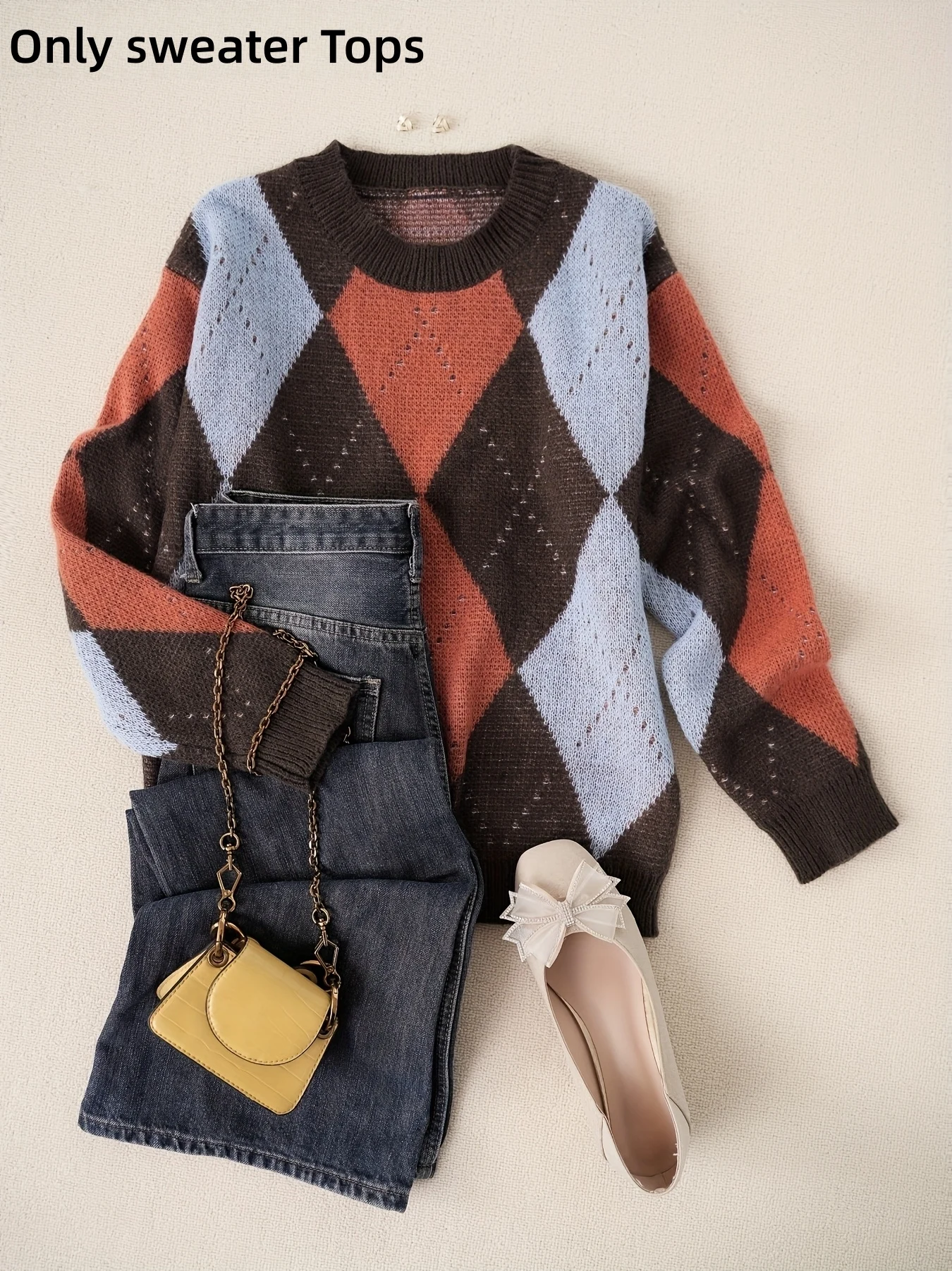 Classic diamond plaid contrast color pullover sweater, fashionable women's tops, popular wool soft knitting