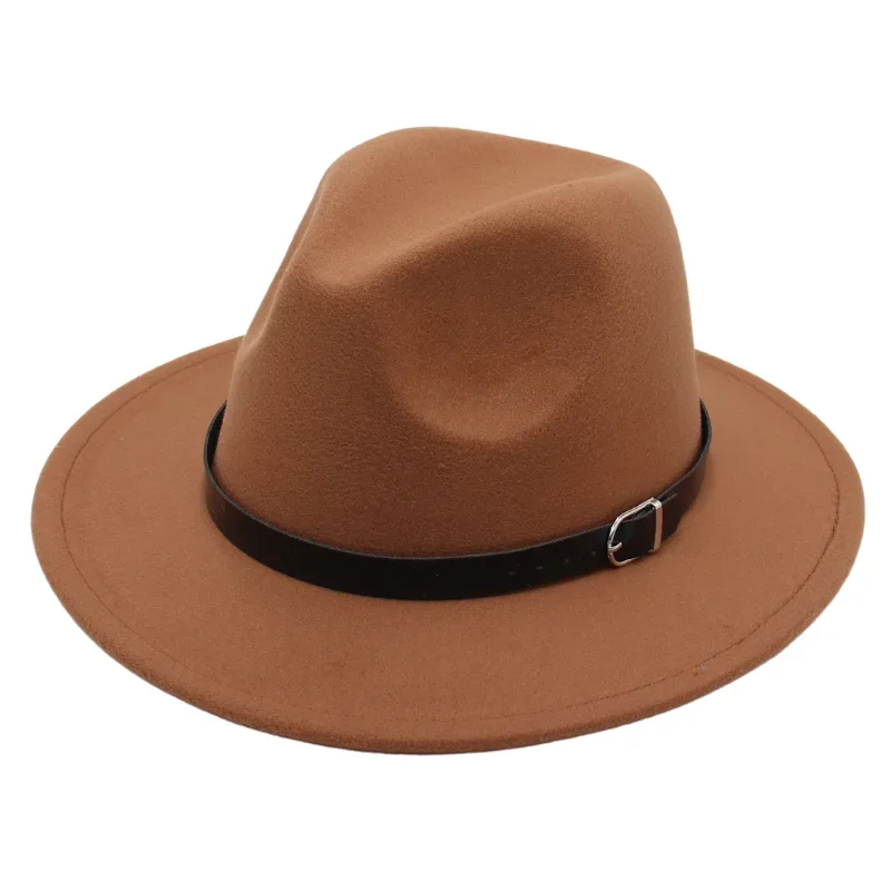 Vintage Simple Wool Belt Men Hats Autumn Winter Unisex Casual Jazz Felt Hat Retro Classic Church Flat Brim Fedora Hat For Women