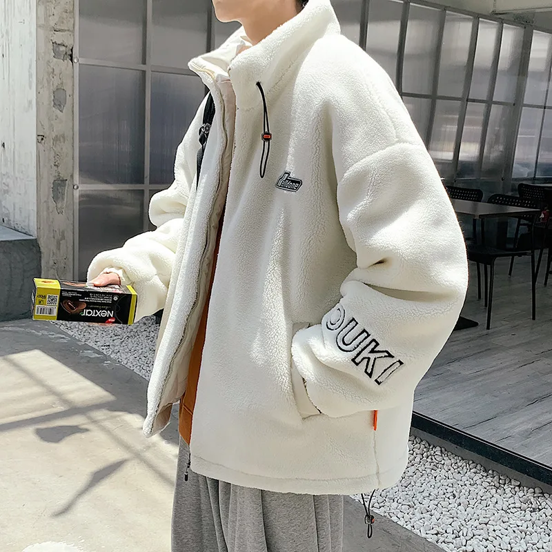 Lamb wool jacket men's winter cotton  thickened warm student clothing trend loose fitting large size lamb  sweater