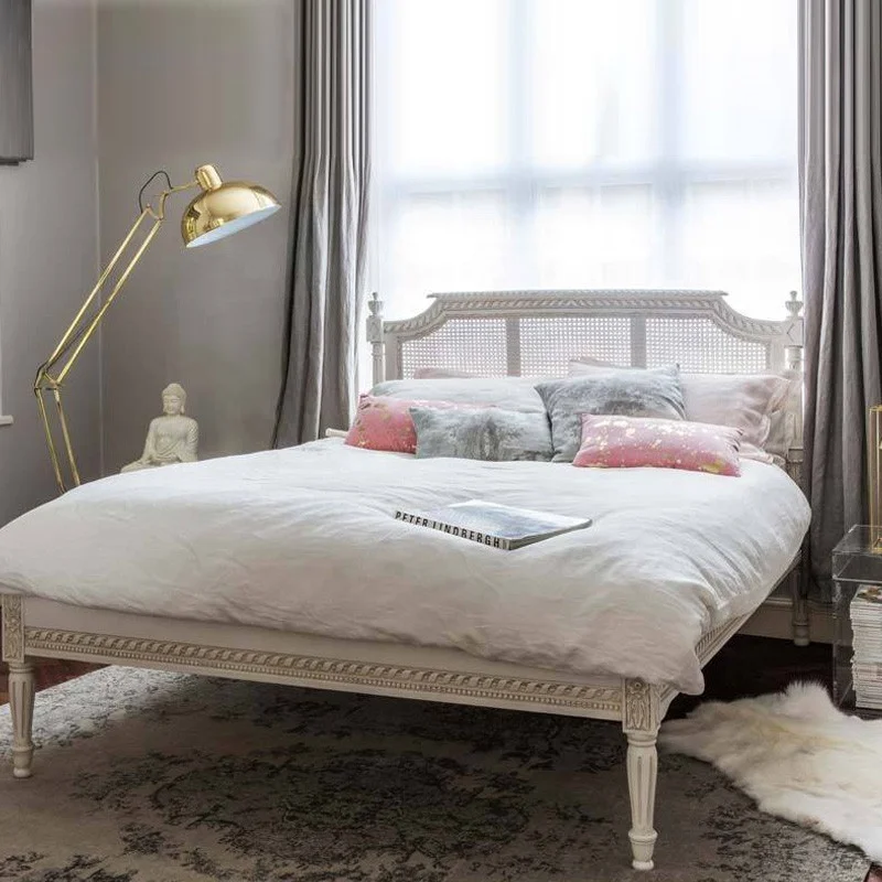 Modern French Solid Wood Rattan Bed Hand Carved Bedroom Furniture with Elegant Detail Bed Frame