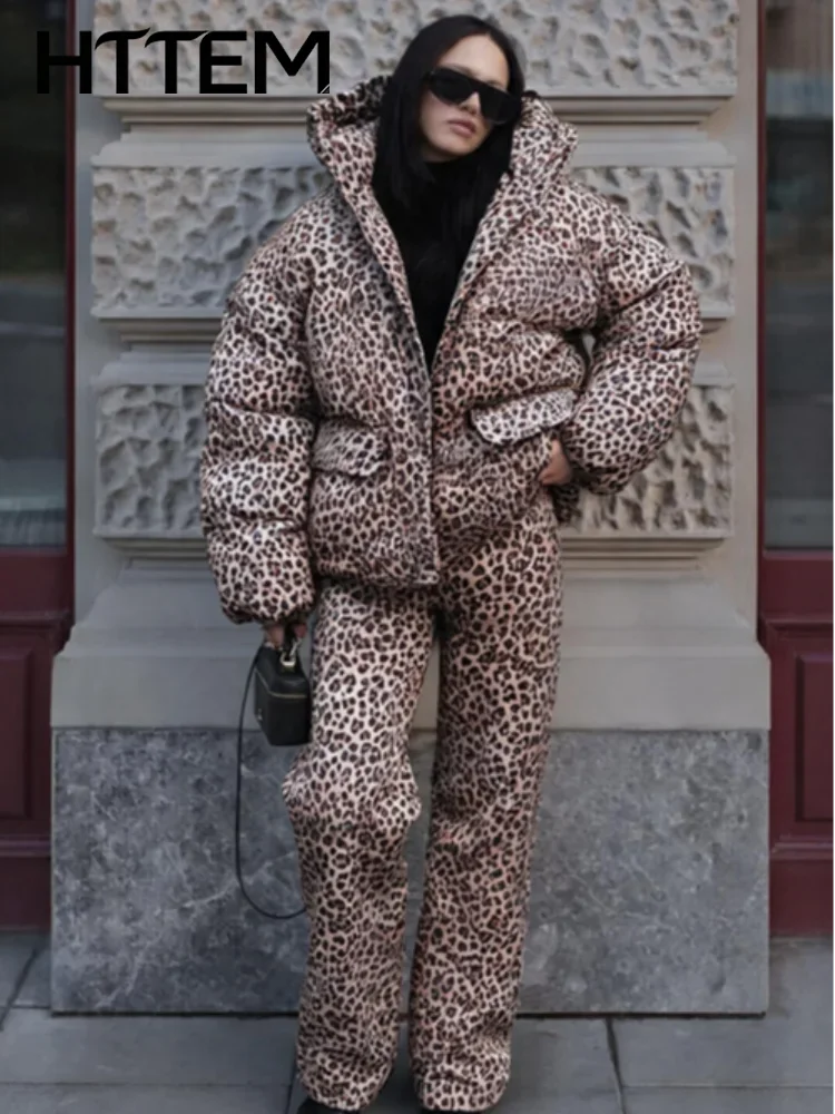 Leopard Thicken Coat Pants Set Women Warm Full Sleeve Zippers Jacket Wide Leg Trousers Sets Female 2026 Winter Lady Outfit New