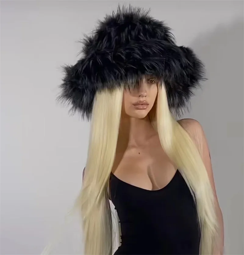 Luksusowa oversize puszysta kapelusz typu Bucket damska gruba futrzana opaska puszysta Faux Fur beanie damska dziewczynka futrzana czapka na