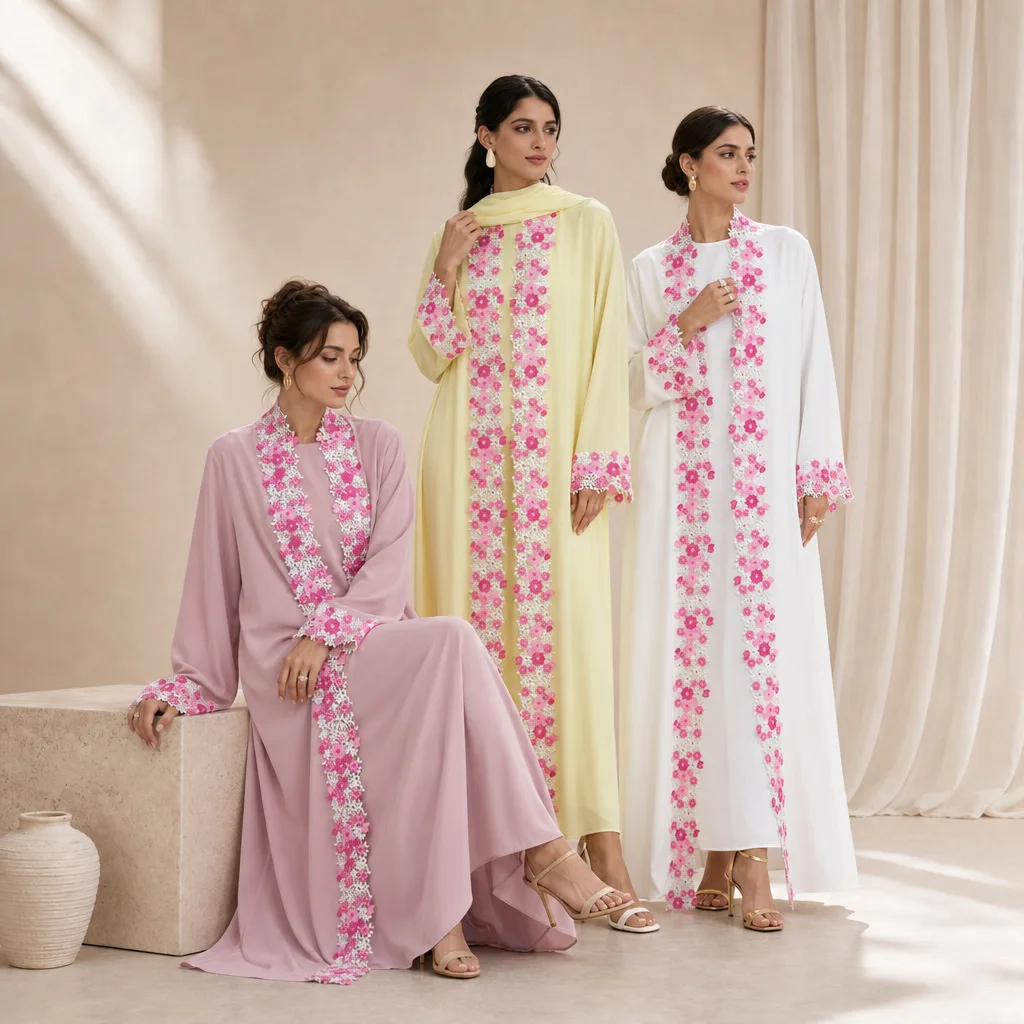Dubai Floral Embroidery Cardigan Open Abaya Inner Dress Scarf Set Suit Muslim Women Kaftan Turkey Arab Robe Islamic Clothing