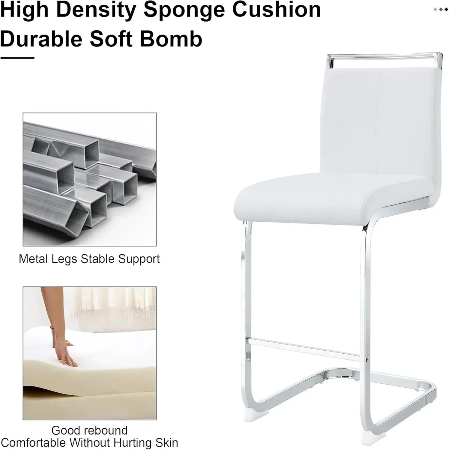 Bar Stools Set of 4,Counter Height Bar Stools with Backs,White PU Kitchen Chairs with Chrome Plated Metal Leg.Upholstered Chair