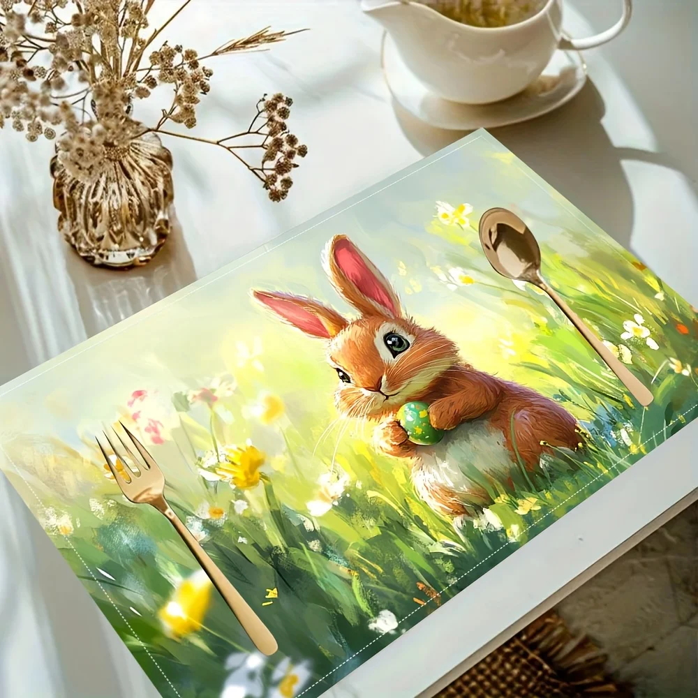 1PC Easter Bunny Placemats, 100% Linen Woven Table Mats, Fashion Print for Dining, Kitchen