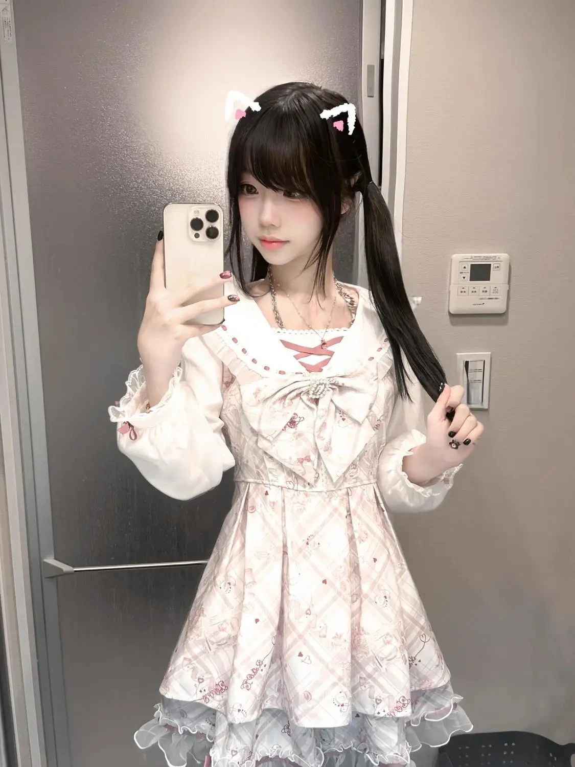 

French Lolita Coquette Tie Up 2 Piece Mini Dress Women Puff Sleeve Bow Cartoon Print Layered Hem Party Dress