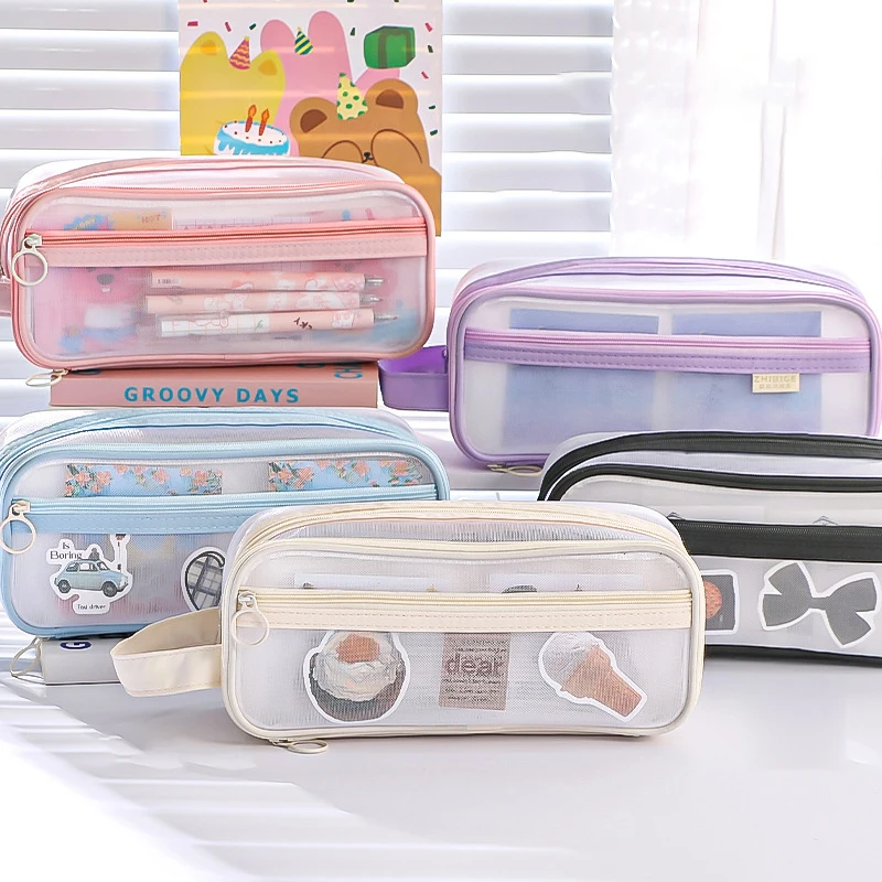 Fashion Minimalist Large Capacity Transparent Mesh Pen Bag Transparent Double-deck Stationery Pen Case Mesh Zipper Storage Bag