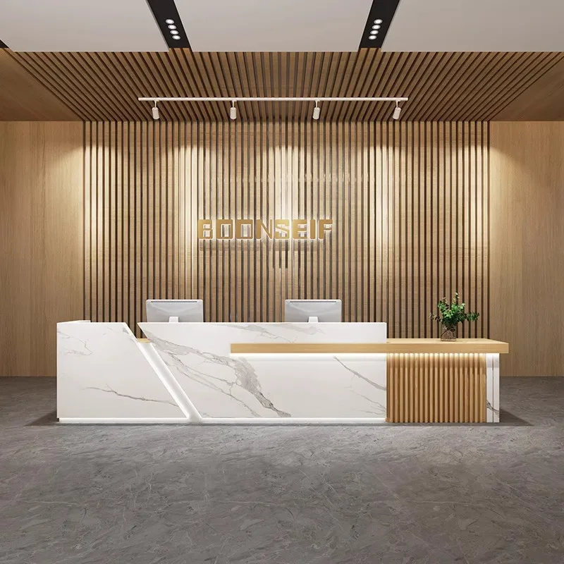 Modern Chinese front desk company reception desk foot bath hotel lobby paint bar counter log color checkout page bar counter