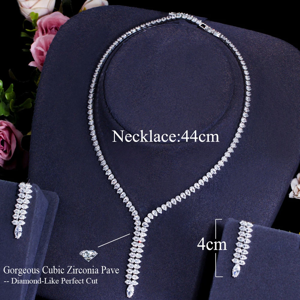 BeaQueen Brilliant White Cubic Zircon Drop Dangle Earrings Necklace Sets for Bridal Wedding Banquet Dinner Women Jewellery JS314