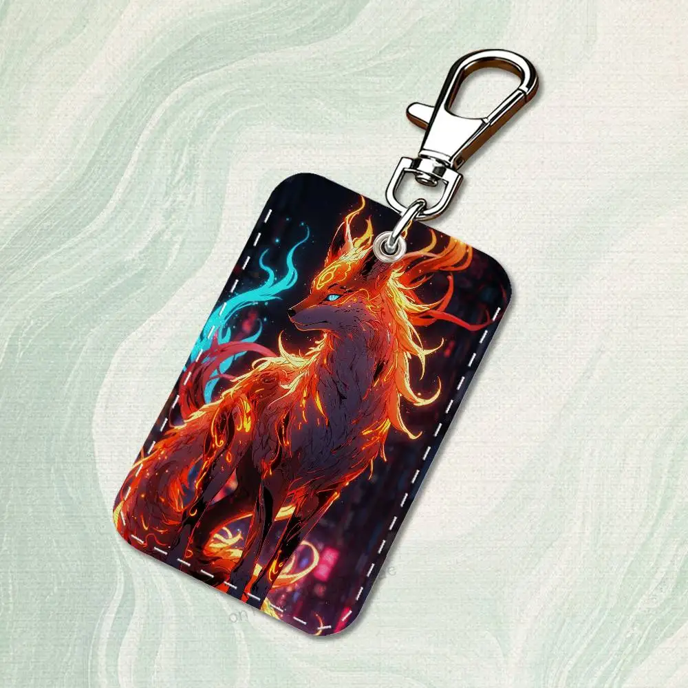 Legal animal raposa retângulo caso de cartão chaveiro saco de cartão de acesso chaveiro titular do cartão de couro chaveiro acesso