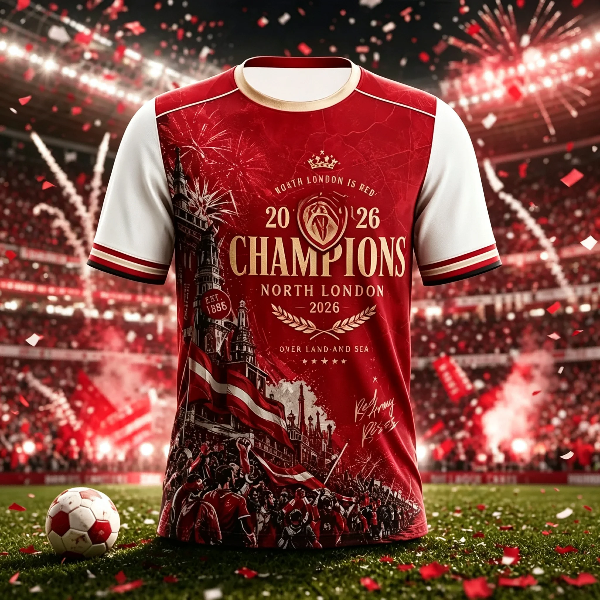 North London Is Red Champions Fan Jersey, Retro Building & Fans Cheering Print, Casual Sports Tee, Multiple Colors