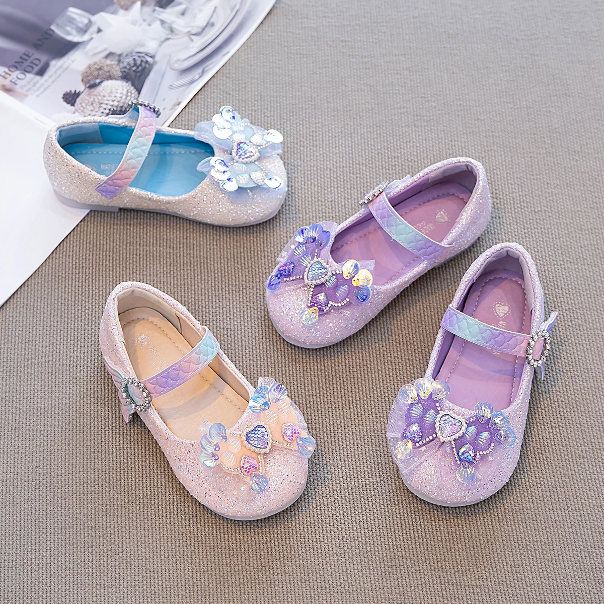 Kids'Casual Shoes PU Leather Fashion Sequin Bow Love Spring Flat Shoes For Girls Anti-slip Blue Pink Shoes Size 23-35