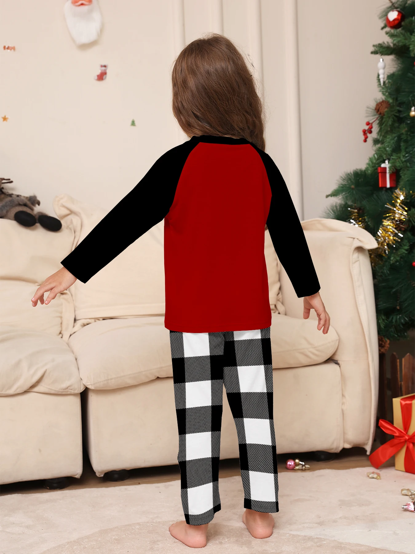 طقم بيجامات متطابقة للعائلة لعيد الميلاد "عيد ميلاد سعيد" بأكمام راجلان أحمر وأسود ملابس نوم منقوشة باللون الأسود والأبيض #2
