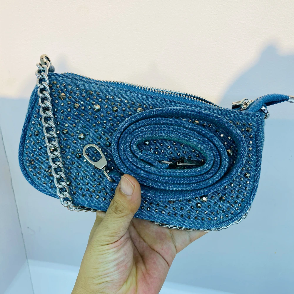 Denim Rhinestones Chain Underarm Bags For Women Luxury Designer Handbag and Purses 2023 New In Fashion Shoulder Crossbody Bags