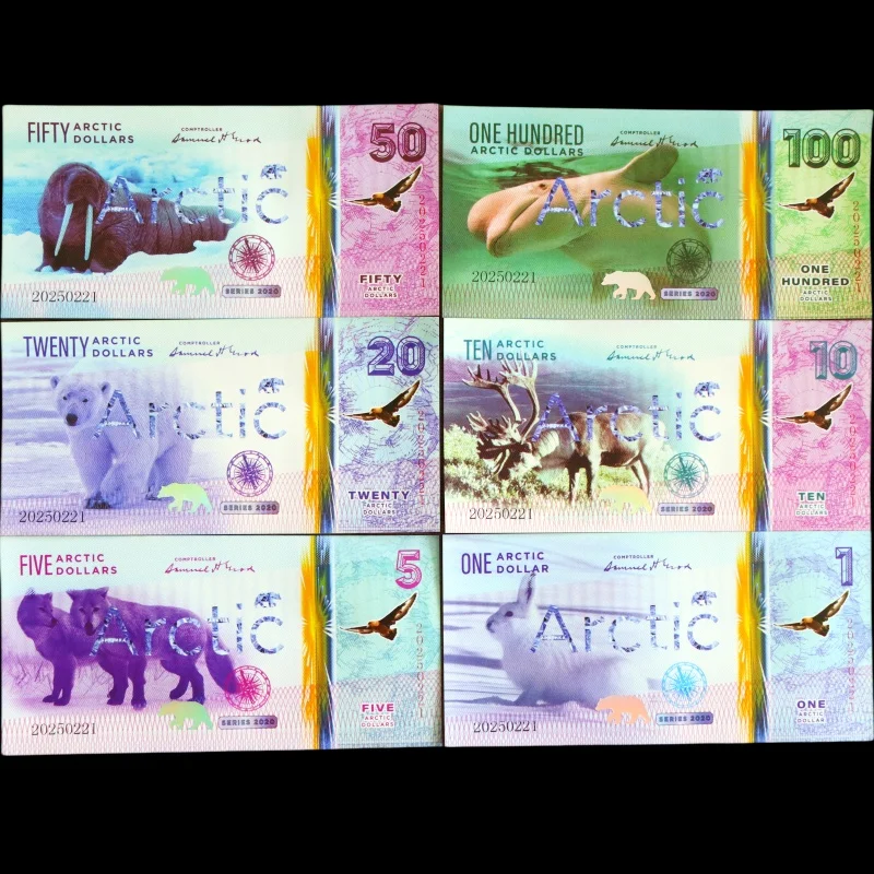 Juego de 6 billetes conmemorativos del Ártico, con temática de animales polares, billetes de polímero de fantasía de 1/5/10/20/50/100, colección UNC
