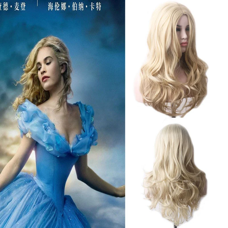 

Cinderella Golden Wig for Women Long Curly Hair Middle Part Wig Headpiece European and American Style