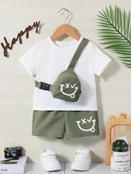 Boys & Girls Round neck Solid color T-shirt Cartoon Design Shoulder Pocket Shorts 2-piece set (bag not included)