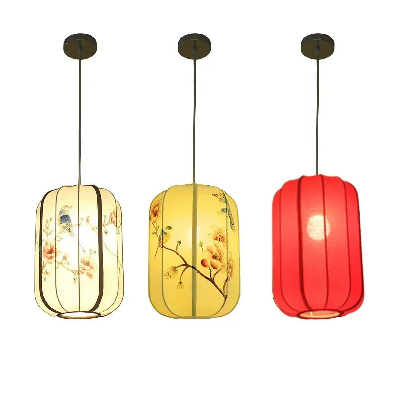 Chinse Style Art Deco Hanging Ceiling Lamp Tea Room Hand Painted Customized Iron Fabric Lantern Shade Pendant Light Fixture Cord