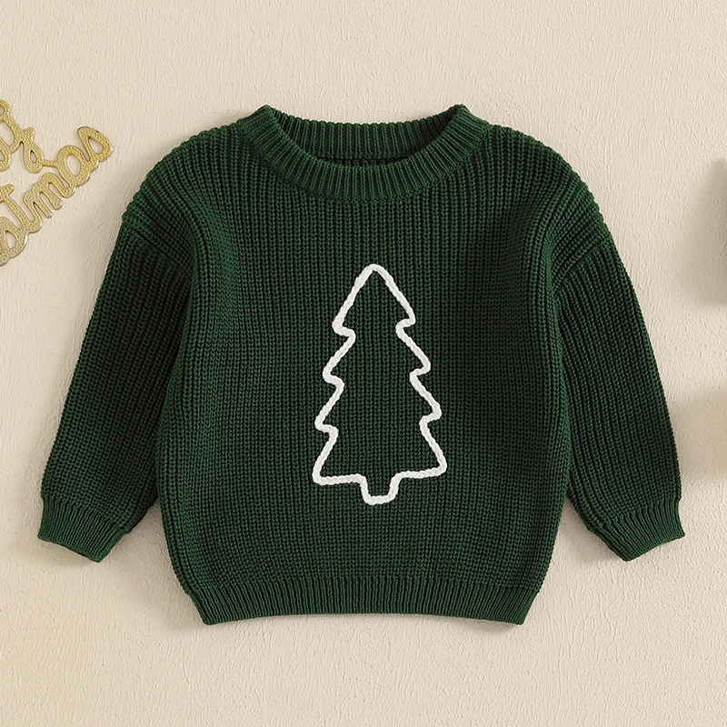 Kids Christmas Sweater Toddler Boys Girls Crew Neck Long Sleeve Pullovers Xmas Tree Embroidery Fall Winter Clothes Festive Tops