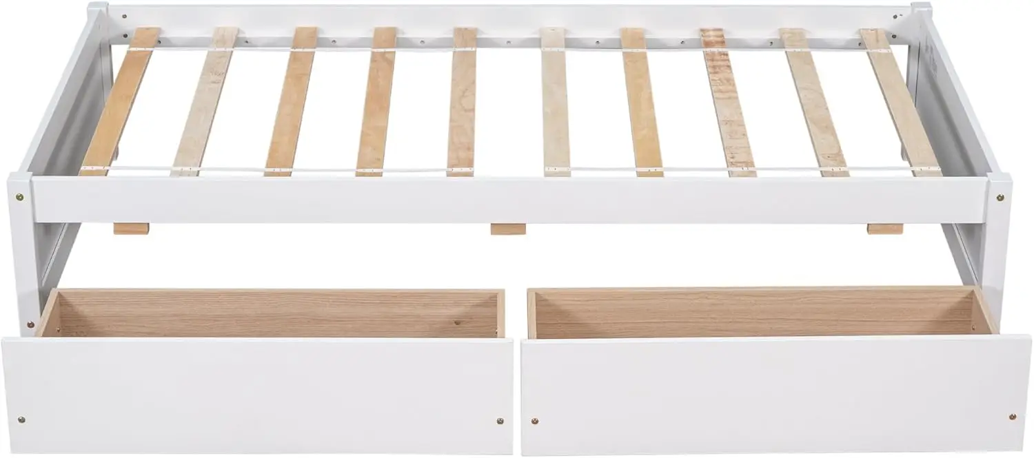 

White Twin Size Single Platform Bed, Wood Bed Frame for Bedroom, Storage Bed with Drawers for Kids, No Box Spring Needed