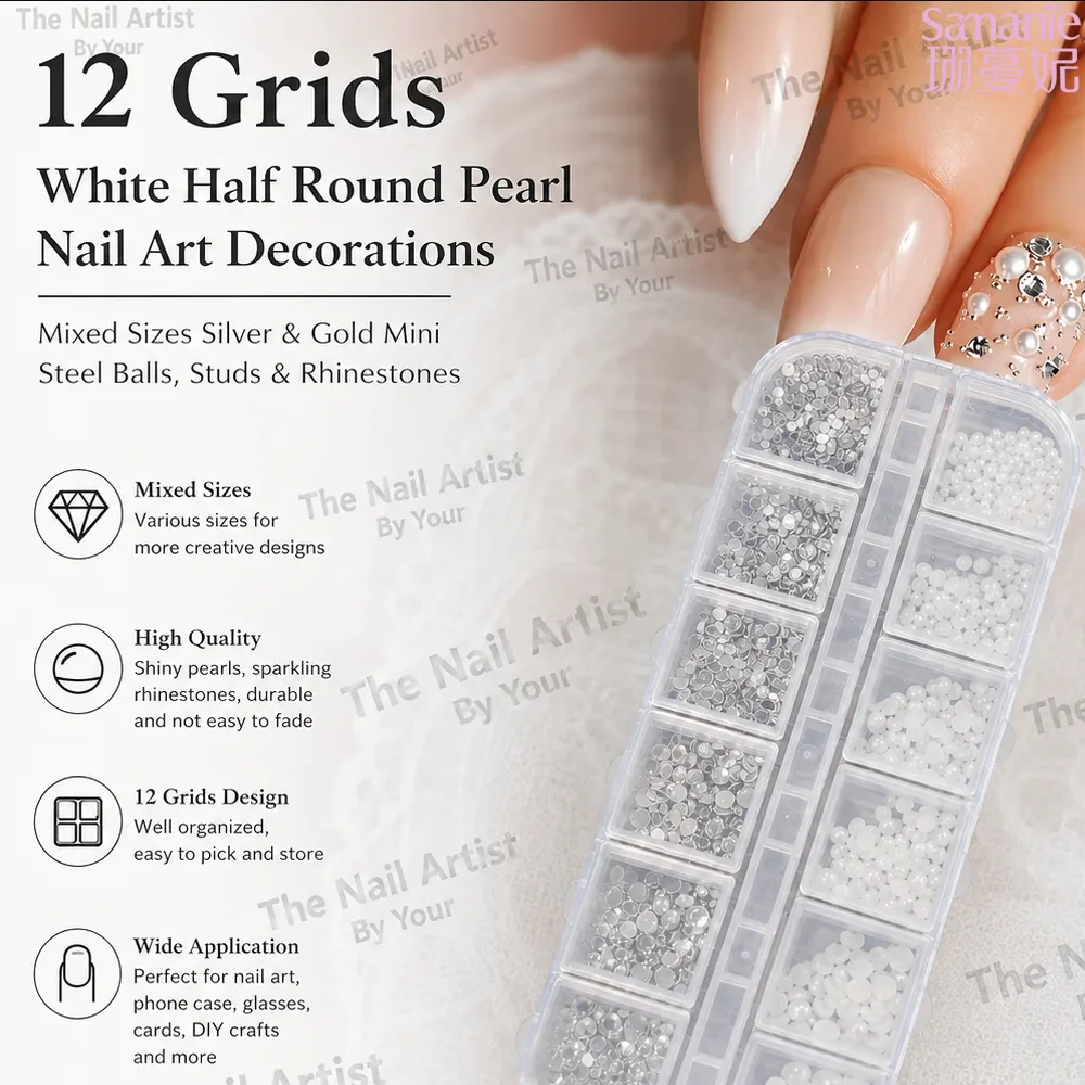 12 Grids White Half Round Pearl Nail Art Decoration Mixed Size Silver Gold Mini Steel Ball Rivet Rhinestone Nail Accessories