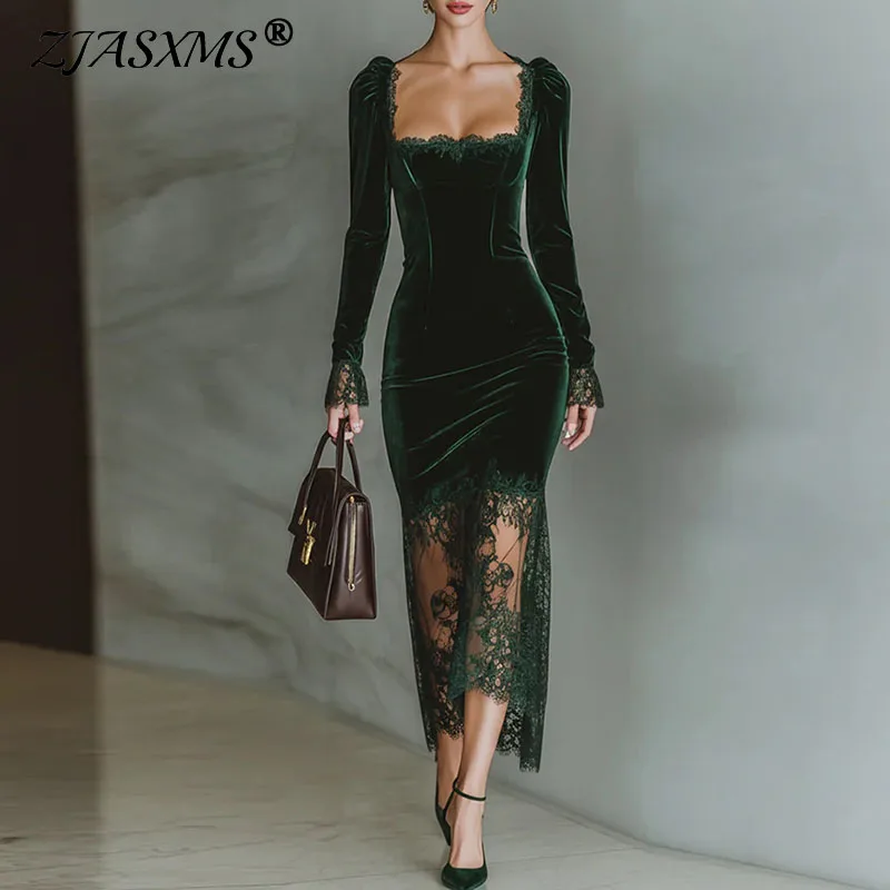 

Sexy Splicing Lace Velvet Banquet Dress Elegant Woman Square Collar Hollow Long Dress Spring Long Sleeve Backless Zip Slim Dress
