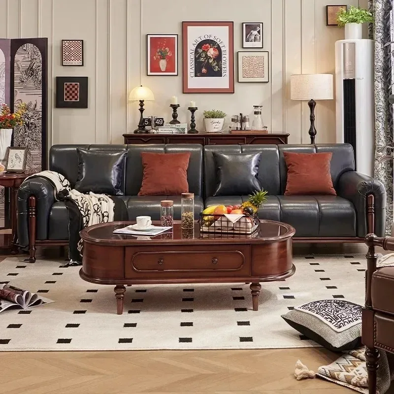 American, Retro, Solid Wood, Sofa, French, Simple, Leather Sofa, Medieval Style, Black, High-End, New Chinese Style