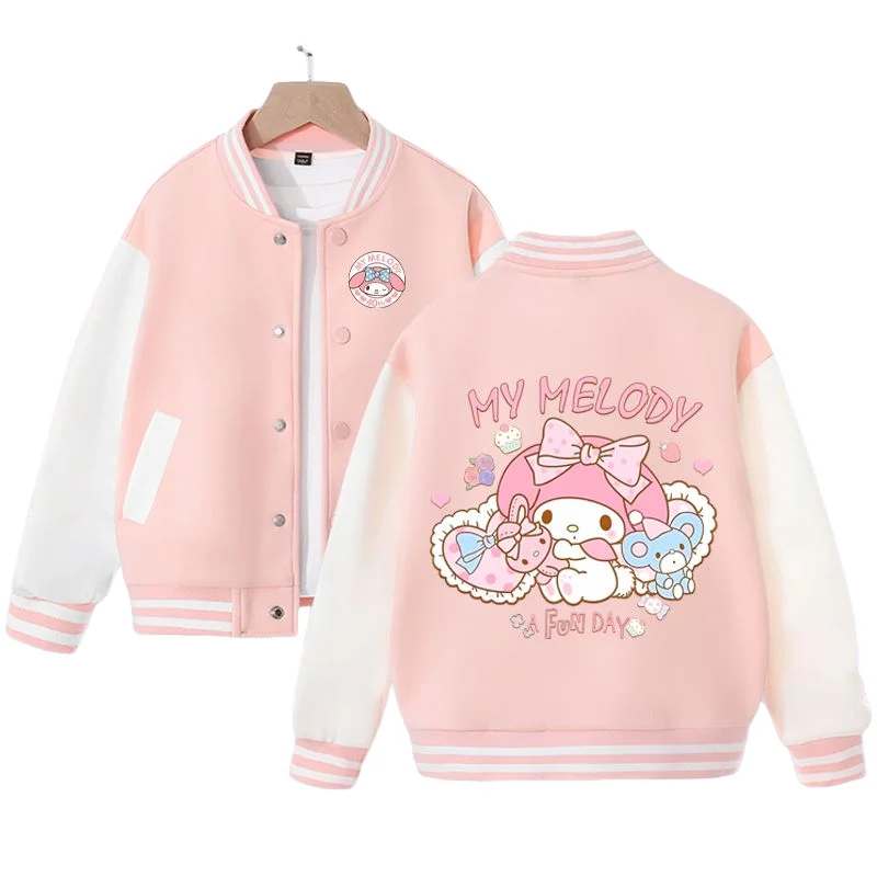 

Бейсбольная форма My Melody Sanrio в возрасте от 2 до 12 лет, подарочные пальто с мультяшным принтом для девочек, кавайная весенне-осенняя куртка, кофты, топы