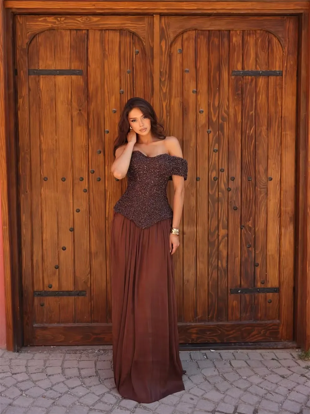 Women Dresses Off Shoulder Formal Dresses Chocolate Beaded Top Pleated Chiffon A Line Maxi Evening Wedding Guest Gowns