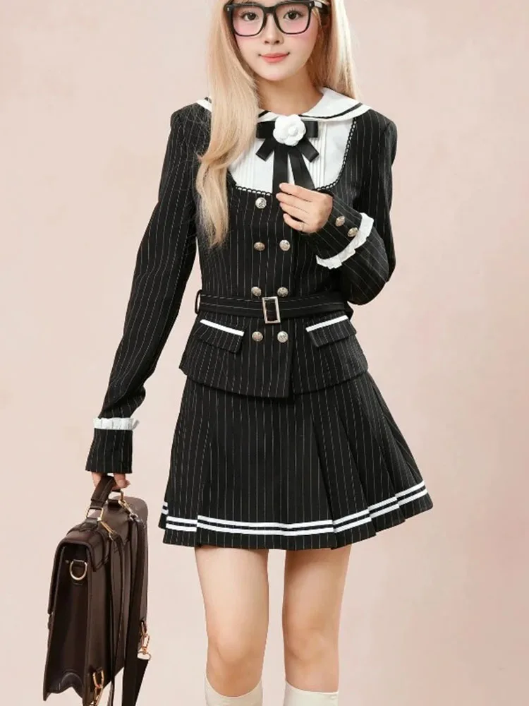 Ensemble 2 pièces pour femmes, Style Preppy, Vintage, foncé, Slim, rayé, manteau, hauts, Mini jupe plissée, costume, tenues uniformes élégantes, automne